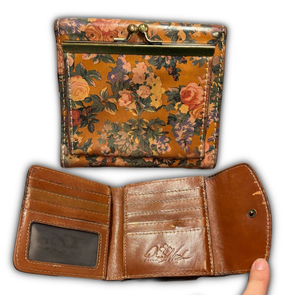 Patricia Nash Floral Print Leather Trifold Wallet in Mustard and Brown